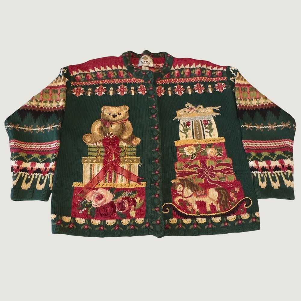 Tiara International Vintage Christmas Cardigan Teddy Bear Rocking Horse Green XL